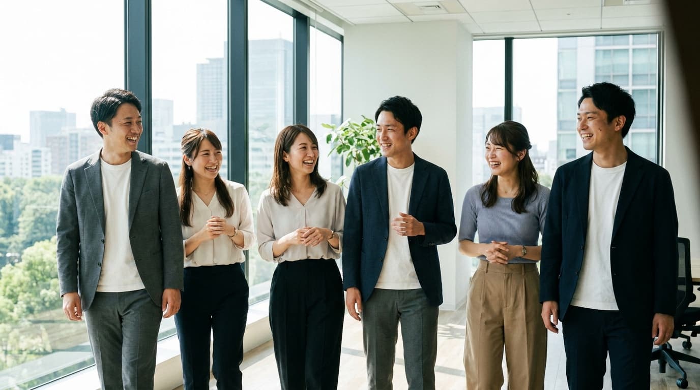 開放的なオフィスを談笑しながら歩く社員たち