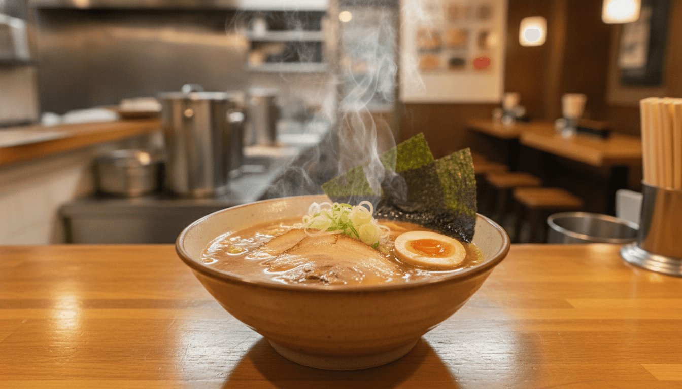 ラーメン店のカウンターに置かれた丼