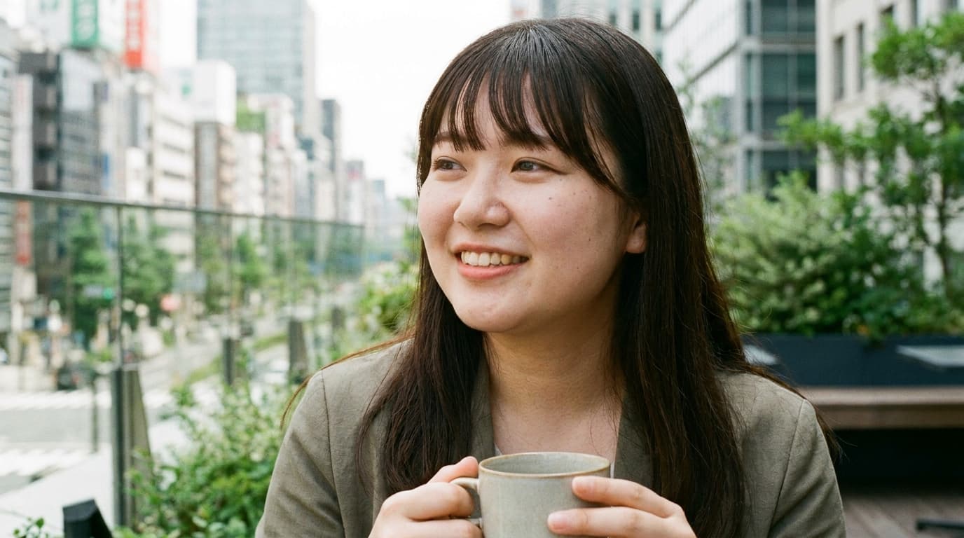 都会のテラスでコーヒーを持つ女性会社員