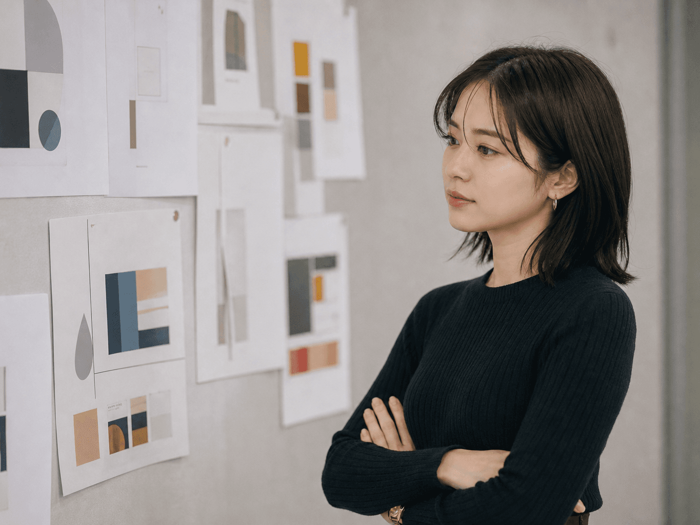 壁のデザイン案を確認するグラフィックデザイナー - Graphic designer reviewing design sketches pinned to a wall