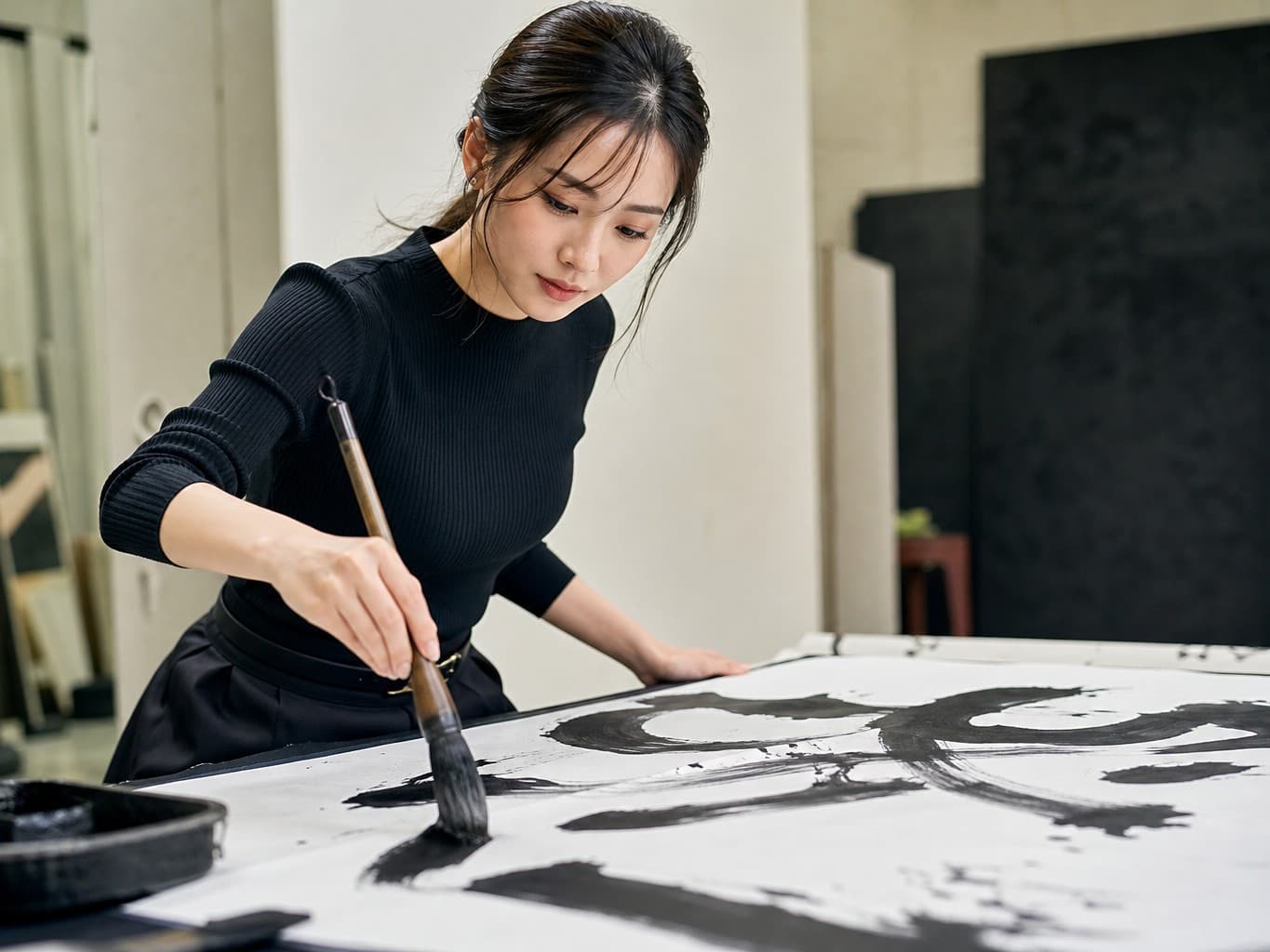 大きな紙に筆をふるう書道家 - Calligrapher writing with a brush on large paper