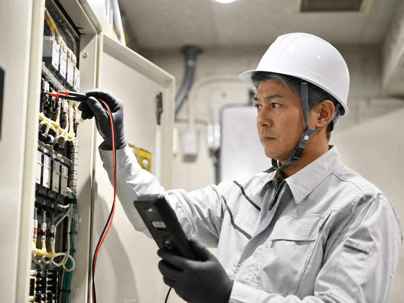 配電盤を点検する電気工事士 - Electrician Inspecting a Distribution Panel