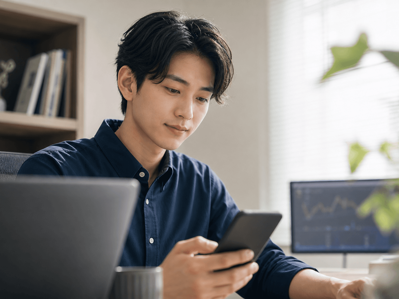 デスクでスマホの通知をオフにする男性 - Man turning off phone notifications at his desk