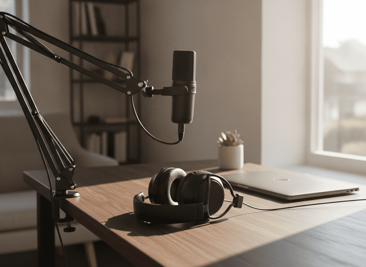日当たりの良い自宅デスク上のマイクとヘッドホン - Microphone Arm and Noise-Canceling Headphones on a Sunlit Home Desk