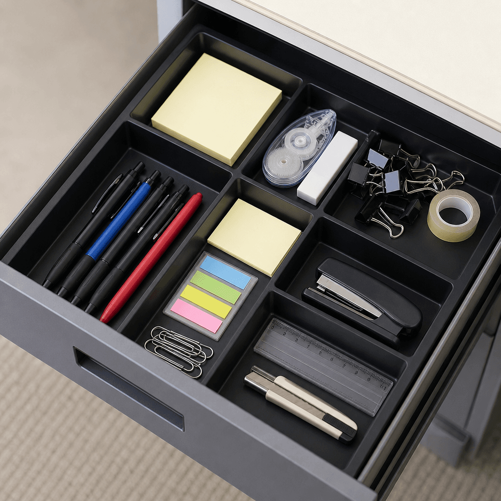 整然と事務用品が並ぶオフィスの引き出し - Organized Office Drawer with Pen Tray and Stationery