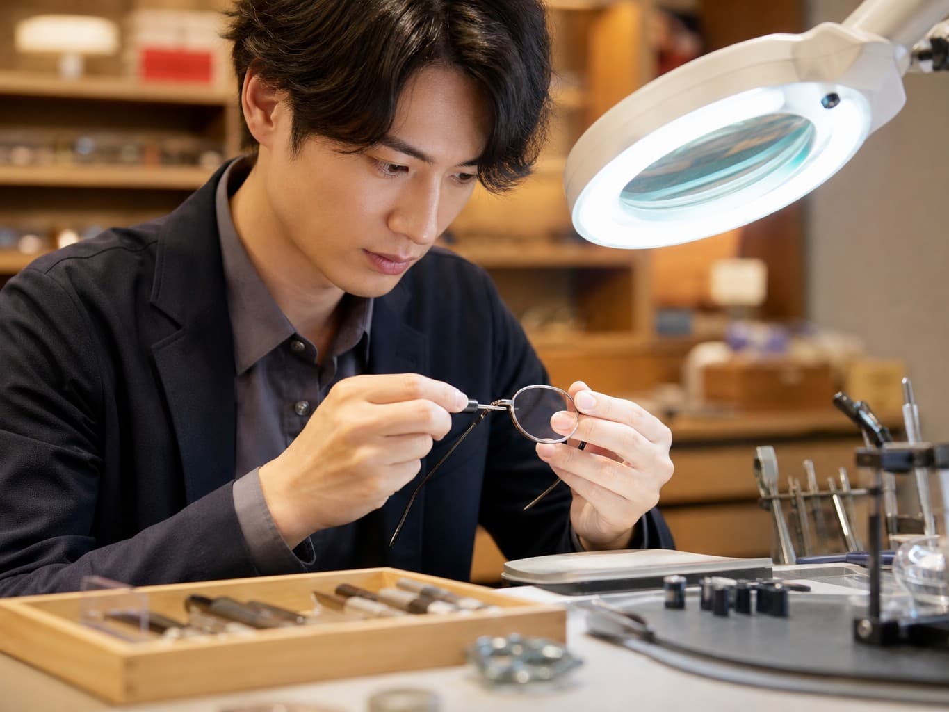 メガネのレンズを調整する認定眼鏡士 - Optician adjusting eyeglass lenses at a workbench
