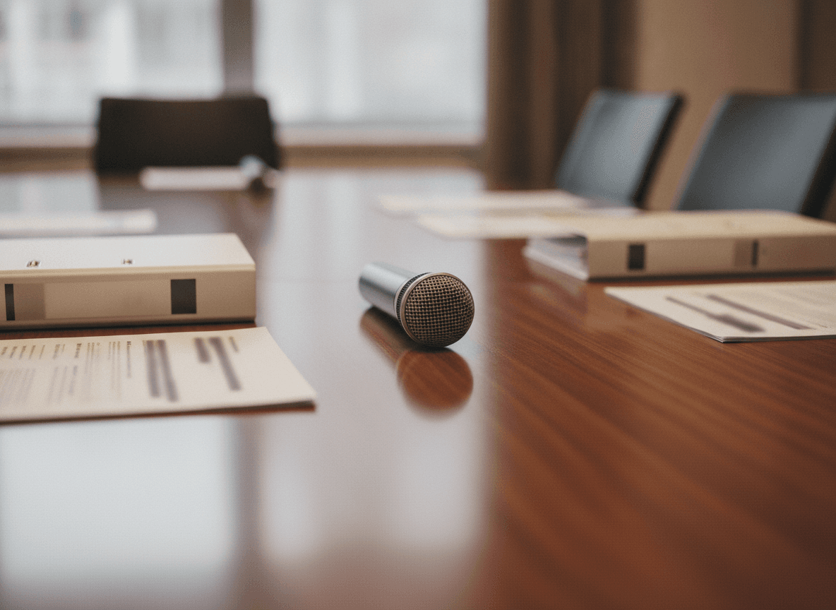 会議卓上のマイクと配布用バインダー - Conference Microphone and Binders on Wooden Table