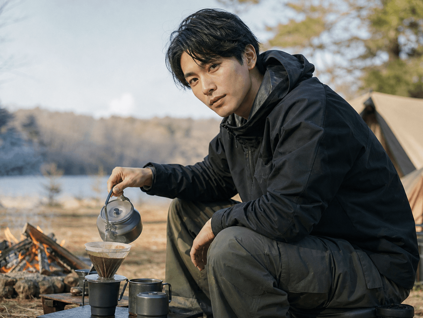 キャンプの朝にコーヒーを淹れる様子 - Brewing coffee by the campfire in the morning