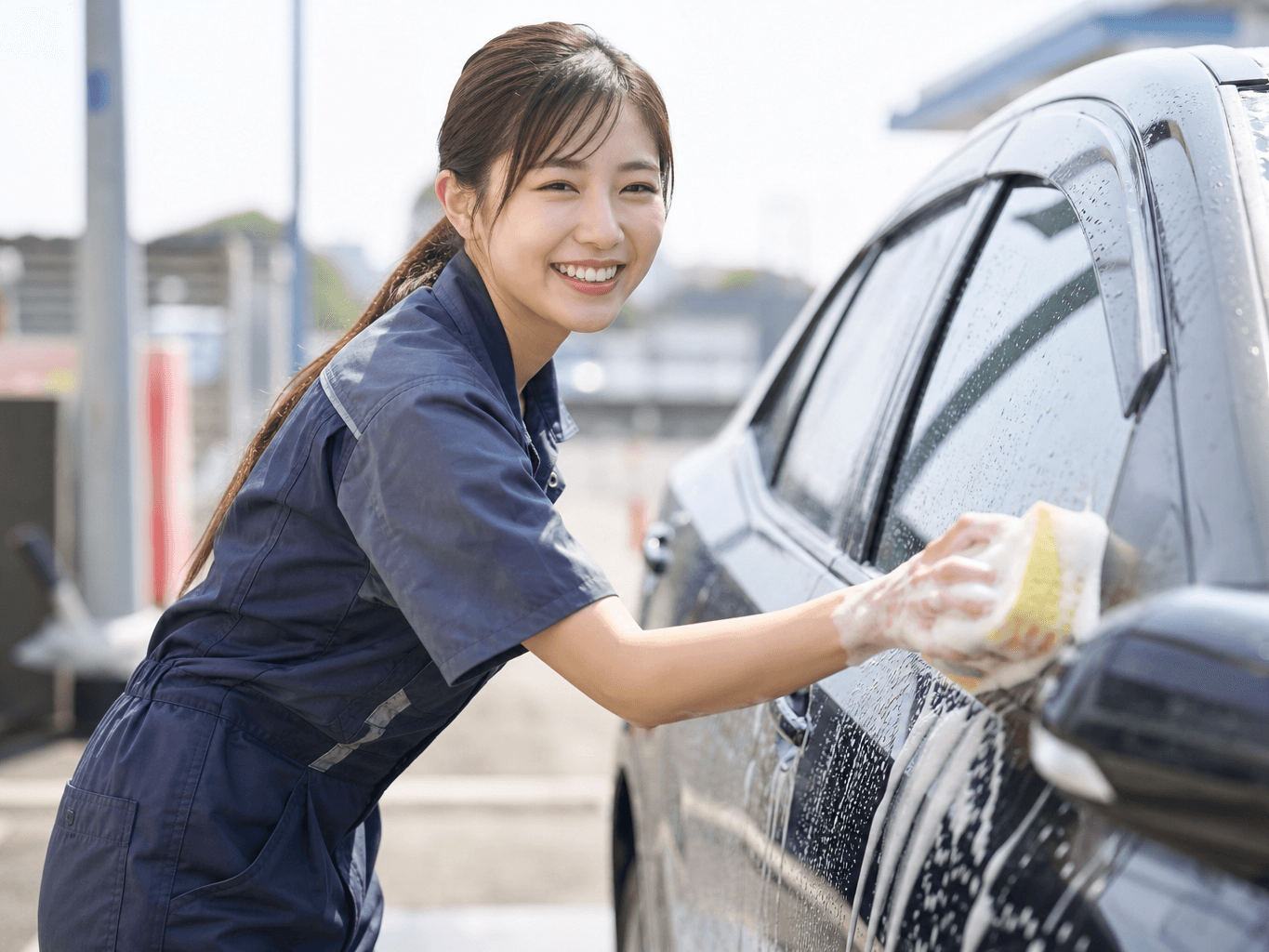 洗車場で車を洗うスタッフ - Car Wash Staff Cleaning a Vehicle