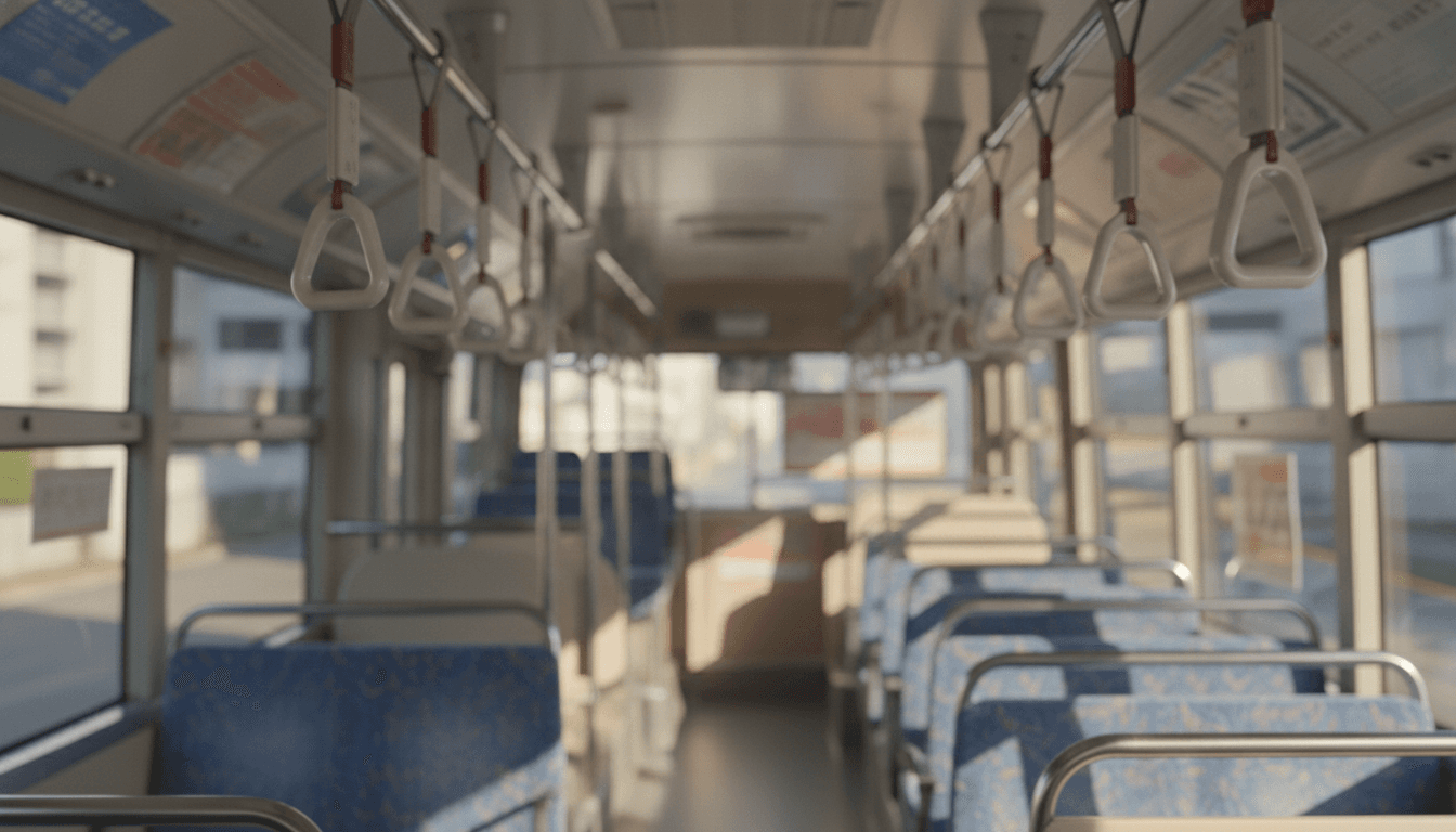 路線バスの車内に並ぶ座席とつり革