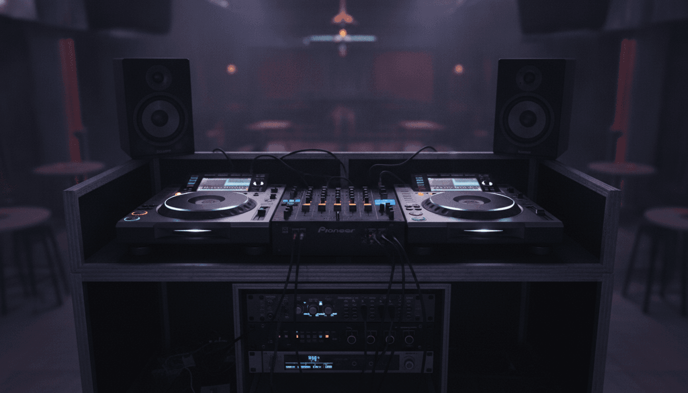DJブースに整然と並ぶターンテーブルと機材