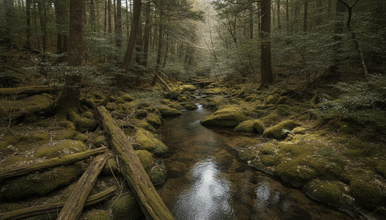 森の中を流れる清流と苔むした岩