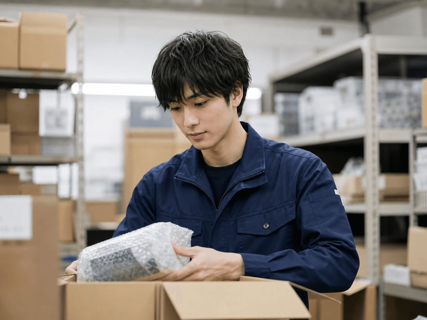 梱包作業をする倉庫スタッフ - Warehouse Staff Packing an Online Order
