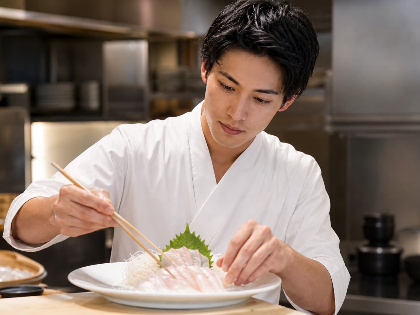 刺身を盛り付ける和食の料理人 - chef plating sashimi