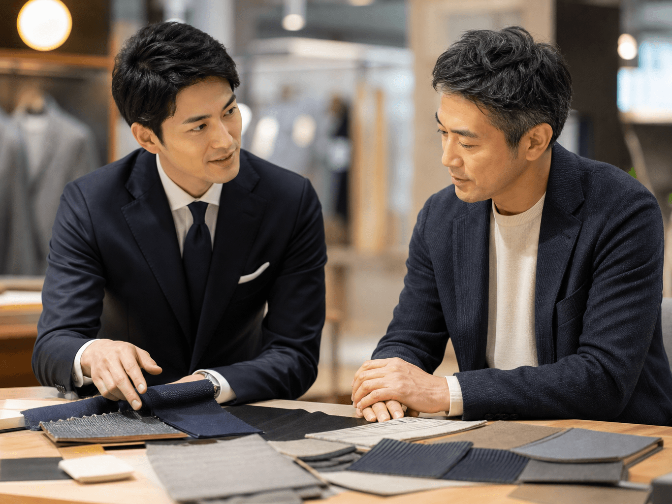 ショールームで布地見本を広げて提案する営業 - Salesperson Presenting Fabric Samples in Showroom
