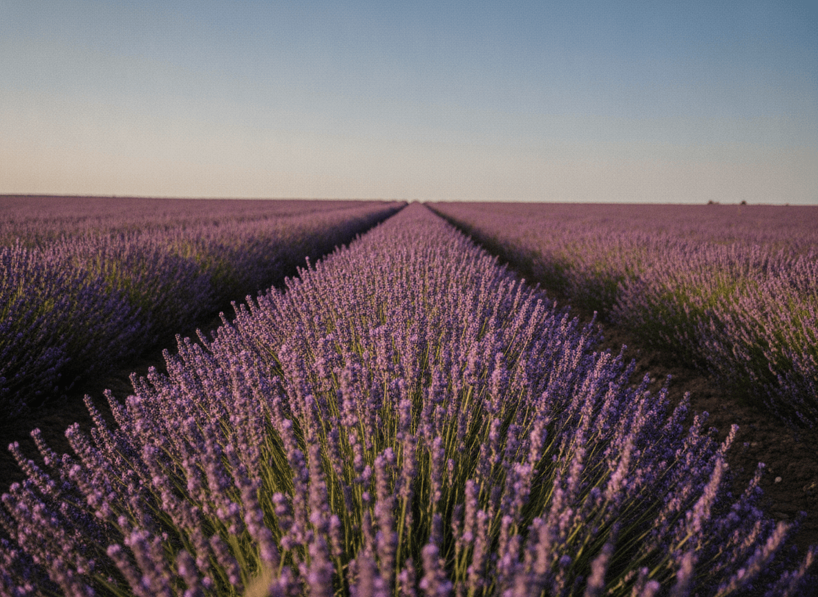 澄み切った夏空の下に広がるラベンダー畑 - Vast Lavender Field Under Clear Summer Sky