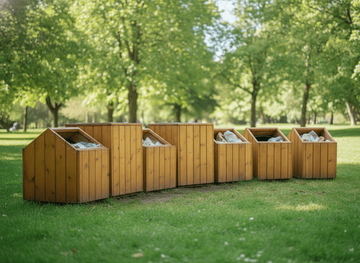 芝生に置かれた木製の分別ゴミ箱と回収箱 - Wooden Waste Sorting Bins on Green Lawn