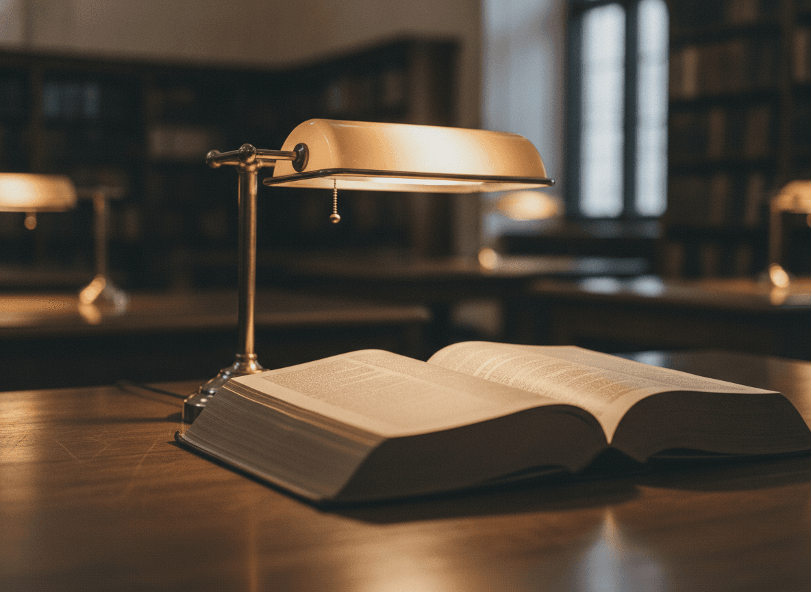図書館の真鍮製ライトと開かれた分厚い辞書 - Brass desk lamp and open dictionary in a library