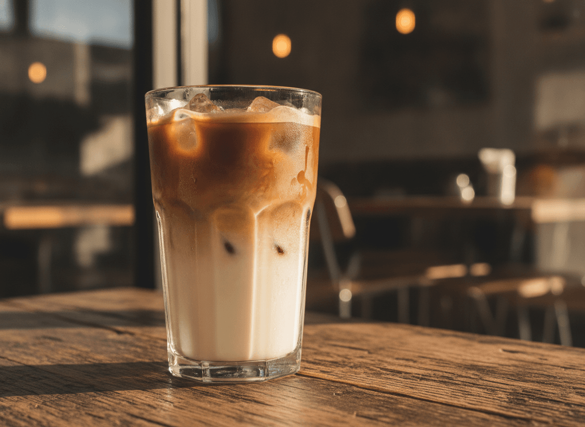 カフェの木製テーブルに置かれたアイスラテ - Iced latte on a wooden cafe table in sunlight