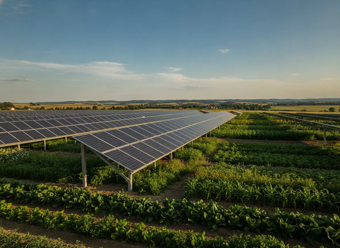 青空の下に広がるソーラーシェアリング農地 - Agrivoltaic Farmland Under Clear Blue Sky
