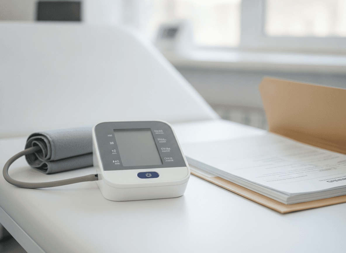 診察台に置かれた血圧計とカルテホルダー - Blood Pressure Monitor and Chart Folder on Examination Table