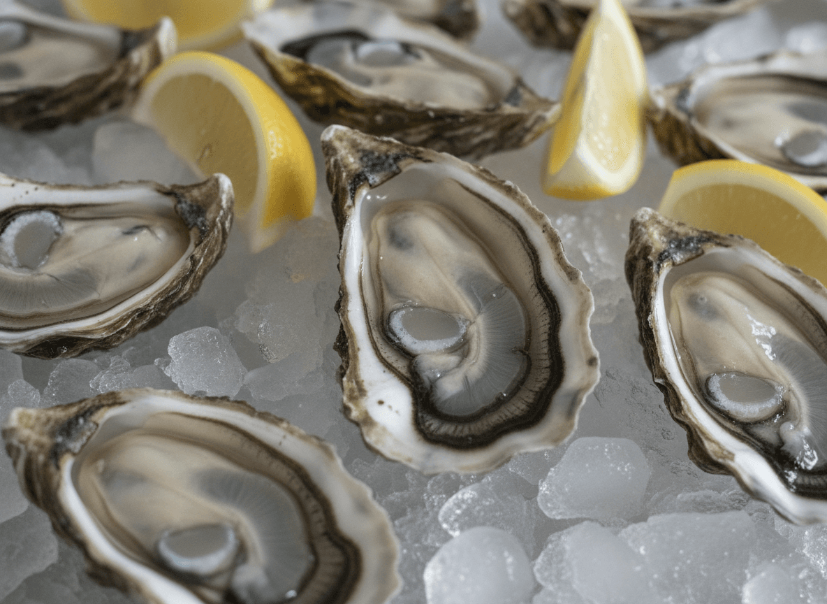 氷の上に並べられた新鮮な生牡蠣とレモン - Fresh Raw Oysters and Lemon on Crushed Ice