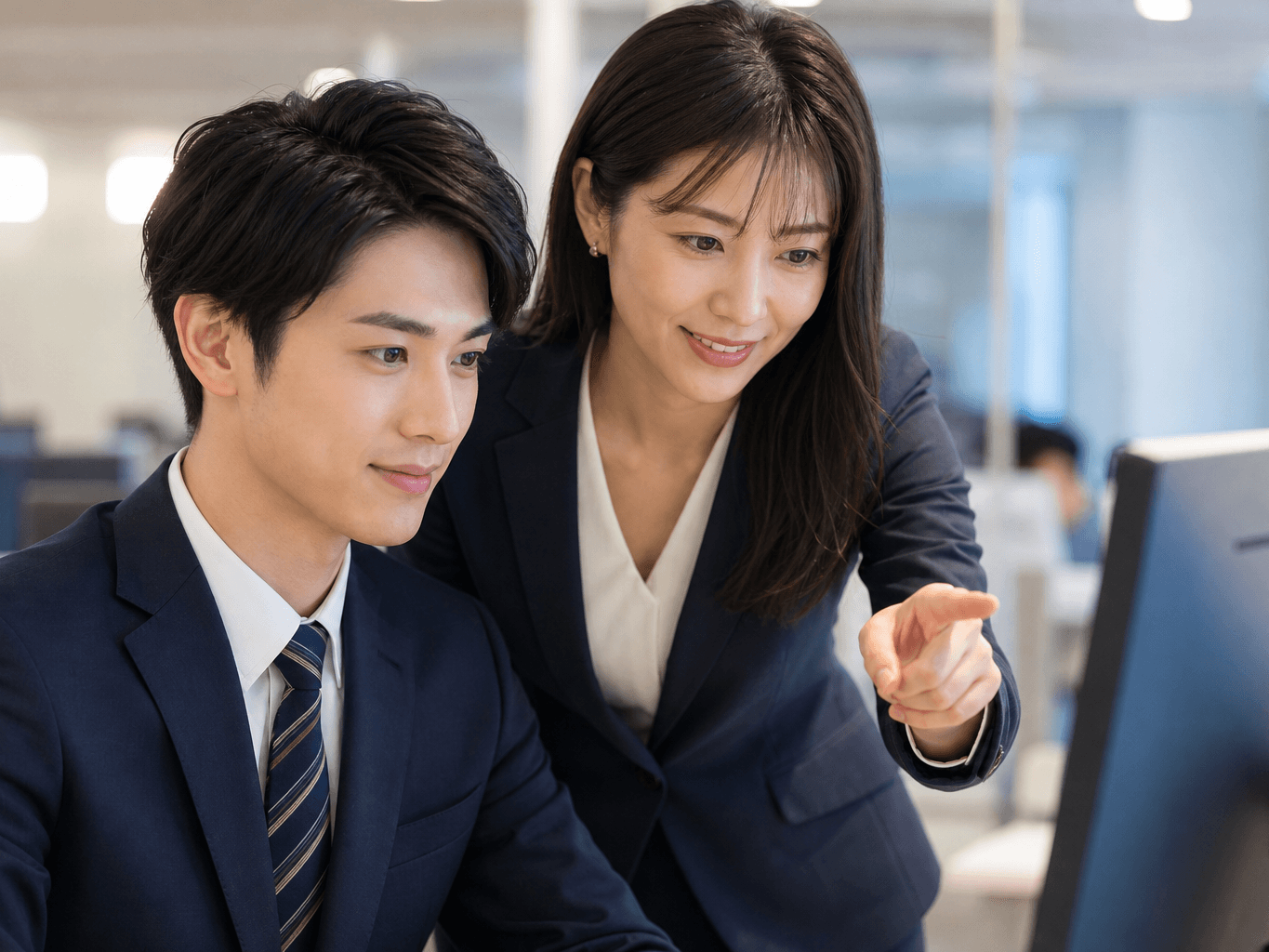 PC画面を見ながら業務指導を受ける男性社員 - Male Employee Receiving PC Training at an Office Desk